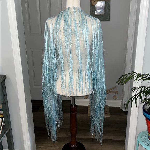 Vintage Fringed Blue Jumbo Wrap Scarf - Picture 4 of 5